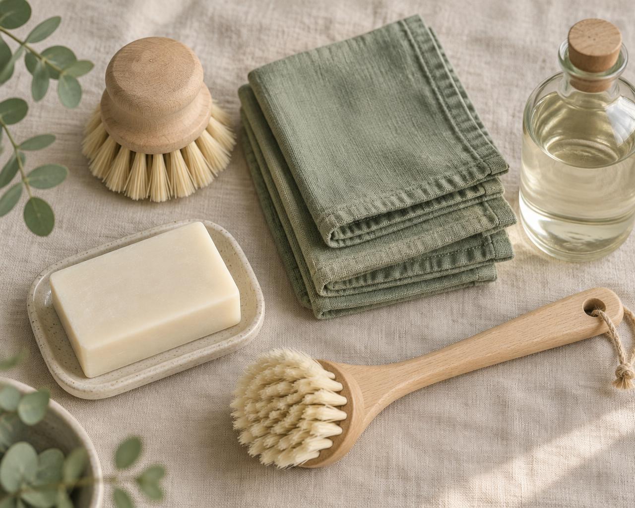 Wooden scrub brushes, a bar of soap, folded sage-green cloths, and a glass bottle arranged on linen with eucalyptus leaves