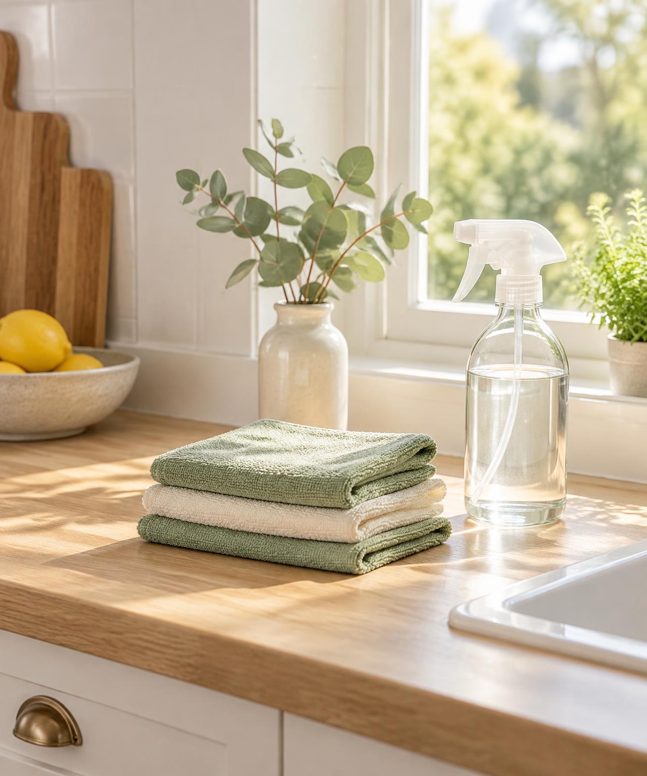 Folded green and cream cleaning cloths and a glass spray bottle on a sunlit wooden kitchen counter beside a eucalyptus sprig